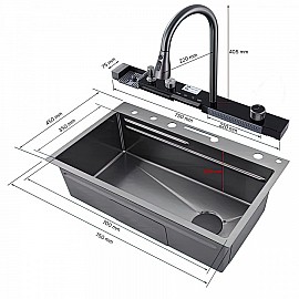 Chiuvetă bucătărie inox satin HD7550 multifuncțională (baterie cu 3 moduri de curgere, consolă din sticlă,  2 tăvițe de scurgere, tocător din lemn, spălător de pahare, dozator detergent de vase)
