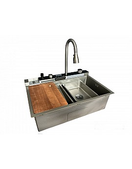 Chiuvetă bucătărie inox satin HD7550 multifuncțională (baterie cu 3 moduri de curgere, consolă din sticlă,  2 tăvițe de scurgere, tocător din lemn, spălător de pahare, dozator detergent de vase)