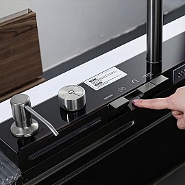 Chiuvetă bucătărie inox satin HD7550 multifuncțională (baterie cu 3 moduri de curgere, consolă din sticlă,  2 tăvițe de scurgere, tocător din lemn, spălător de pahare, dozator detergent de vase)