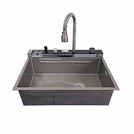 Chiuvetă bucătărie inox satin HD7550 multifuncțională (baterie cu 3 moduri de curgere, consolă din sticlă,  2 tăvițe de scurgere, tocător din lemn, spălător de pahare, dozator detergent de vase)