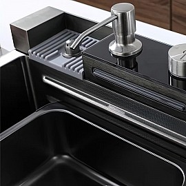 Chiuvetă bucătărie inox satin HD7550 multifuncțională (baterie cu 3 moduri de curgere, consolă din sticlă,  2 tăvițe de scurgere, tocător din lemn, spălător de pahare, dozator detergent de vase)