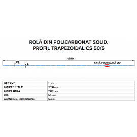 Policarbonat compact/solid cutat trapez 50/5, grosime 1mm, rolă 10 ml,  protejat UV, lățime 1.26m, gri (preț/rolă)