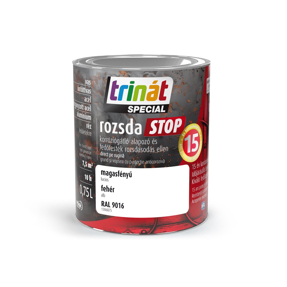 Trinat Special STOP rugină alb RAL 9016 lucios 0.75l, grund și vopsea cu uscare rapidă, vopsea direct pe rugină (rozsdaSTOP), protecție anticorozivă 15 ani