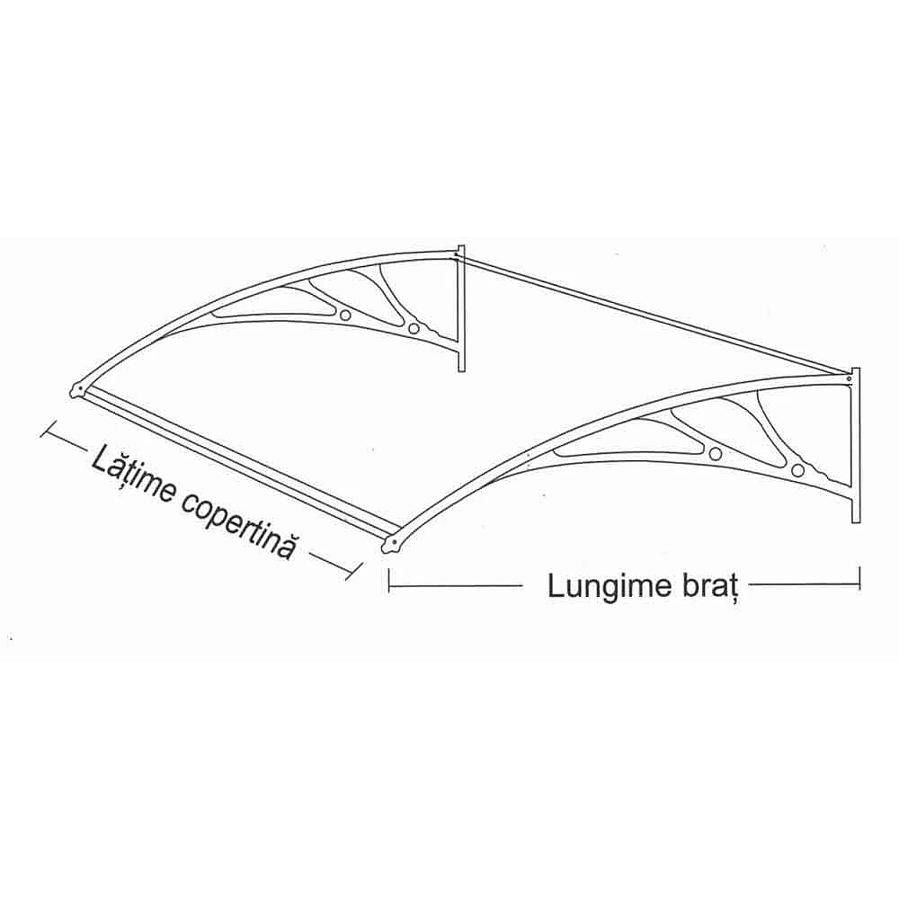 Copertină Verona, lungime braț 1.2m, model de bază, policarbonat solid 3mm, diferite lățimi de copertină și culori