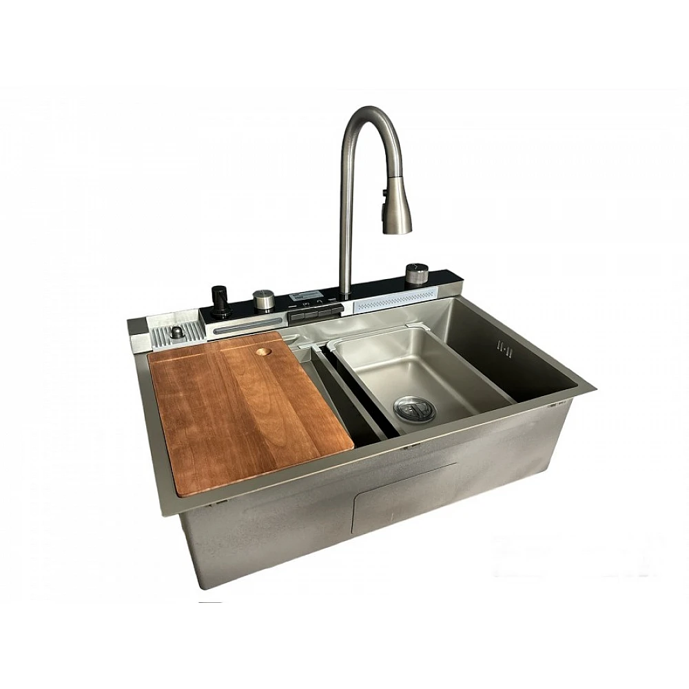 Chiuvetă bucătărie inox satin HD7550 multifuncțională (baterie cu 3 moduri de curgere, consolă din sticlă,  2 tăvițe de scurgere, tocător din lemn, spălător de pahare, dozator detergent de vase)