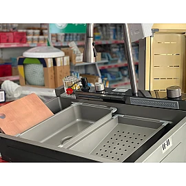 Chiuvetă bucătărie inox satin HD7550 multifuncțională (baterie cu 3 moduri de curgere, consolă din sticlă,  2 tăvițe de scurgere, tocător din lemn, spălător de pahare, dozator detergent de vase)