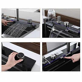 Chiuvetă bucătărie inox satin HD7550 multifuncțională (baterie cu 3 moduri de curgere, consolă din sticlă,  2 tăvițe de scurgere, tocător din lemn, spălător de pahare, dozator detergent de vase)