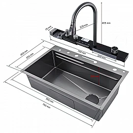 Chiuvetă bucătărie inox satin HD7550 multifuncțională (baterie cu 3 moduri de curgere, consolă din sticlă,  2 tăvițe de scurgere, tocător din lemn, spălător de pahare, dozator detergent de vase)