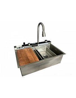 Chiuvetă bucătărie inox satin HD7550 multifuncțională (baterie cu 3 moduri de curgere, consolă din sticlă,  2 tăvițe de scurgere, tocător din lemn, spălător de pahare, dozator detergent de vase)