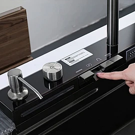 Chiuvetă bucătărie inox satin HD7550 multifuncțională (baterie cu 3 moduri de curgere, consolă din sticlă,  2 tăvițe de scurgere, tocător din lemn, spălător de pahare, dozator detergent de vase)