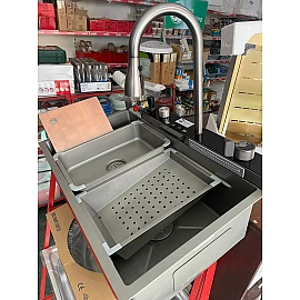 Chiuvetă bucătărie inox satin HD7550 multifuncțională (baterie cu 3 moduri de curgere, consolă din sticlă,  2 tăvițe de scurgere, tocător din lemn, spălător de pahare, dozator detergent de vase)