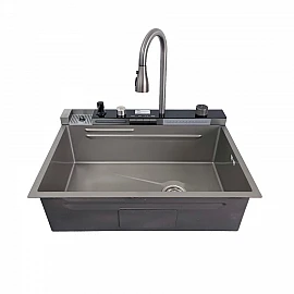 Chiuvetă bucătărie inox satin HD7550 multifuncțională (baterie cu 3 moduri de curgere, consolă din sticlă,  2 tăvițe de scurgere, tocător din lemn, spălător de pahare, dozator detergent de vase)