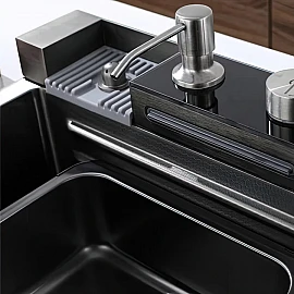 Chiuvetă bucătărie inox satin HD7550 multifuncțională (baterie cu 3 moduri de curgere, consolă din sticlă,  2 tăvițe de scurgere, tocător din lemn, spălător de pahare, dozator detergent de vase)