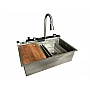 Chiuvetă bucătărie inox satin HD7550 multifuncțională (baterie cu 3 moduri de curgere, consolă din sticlă, 2 tăvițe de scurgere, tocător din lemn, spălător de pahare, dozator detergent de vase)