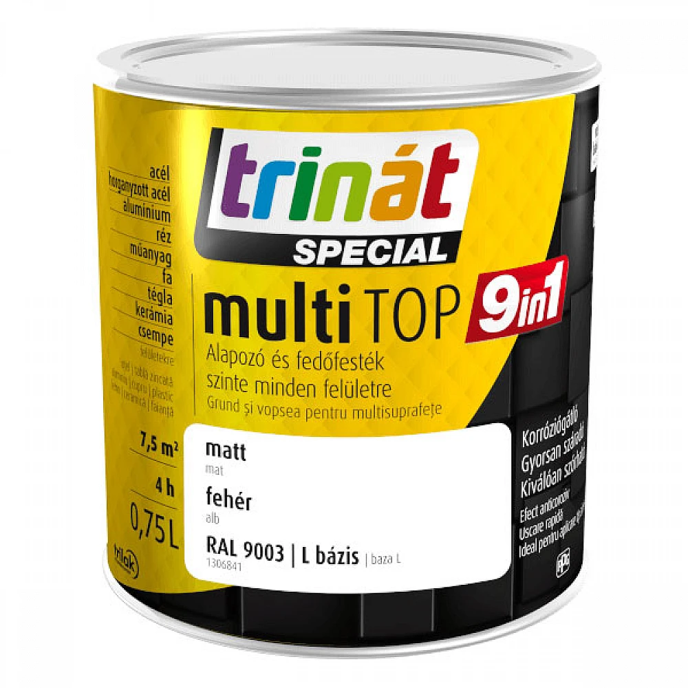 Trinat MULTITOP 9 în 1 alb RAL 9016 grund și vopsea pe bază de apă cu uscare rapidă, pentru interior/exterior orice suprafață (oțel, tablă zincată/galvanizată, aluminiu, cupru, lemn, plastic, ceramică, cărămidă și  faianță)