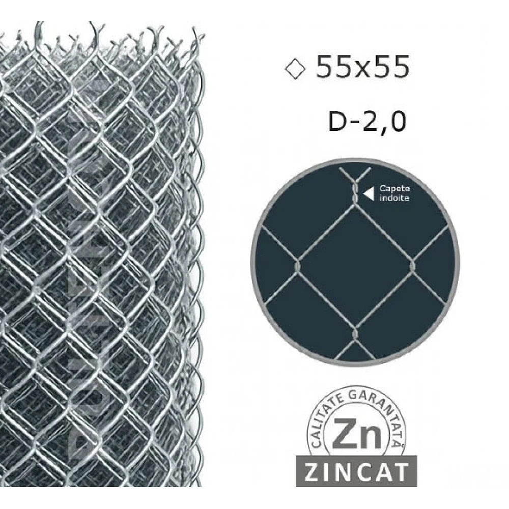 Plasă gard împletită zincată, H 1.7m, diametru sârmă 2mm, ochi 55x55mm, rolă 10m