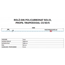 Policarbonat compact/solid cutat trapez 50/5, grosime 1mm, rolă 20 ml,  protejat UV, lățime 1.26m, gri (preț/rolă)
