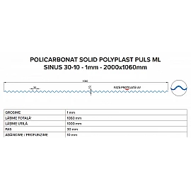 Policarbonat pentru sere 1.06m x 2m, placă policarbonat compact/solid ondulat 30/10, grosime 1mm, protejat UV, transparent-clar (preț/buc)